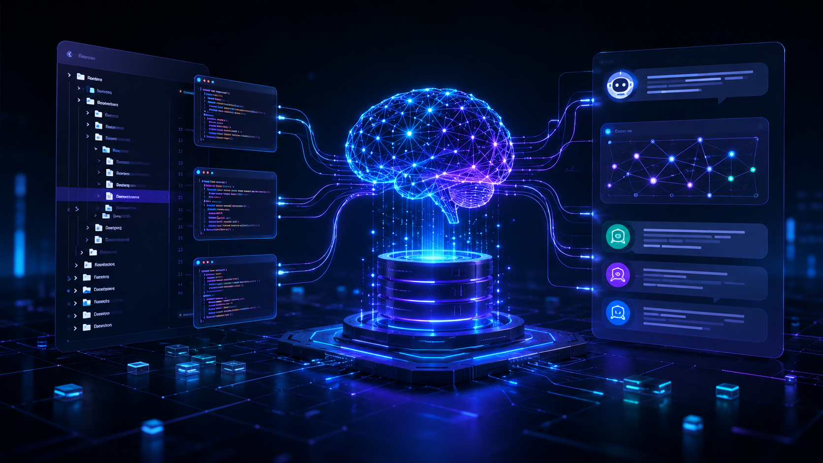 Esquema de un grafo de conocimiento de código conectado a un agente de IA y a un asistente de chat, representando la arquitectura de codebase-memory-mcp